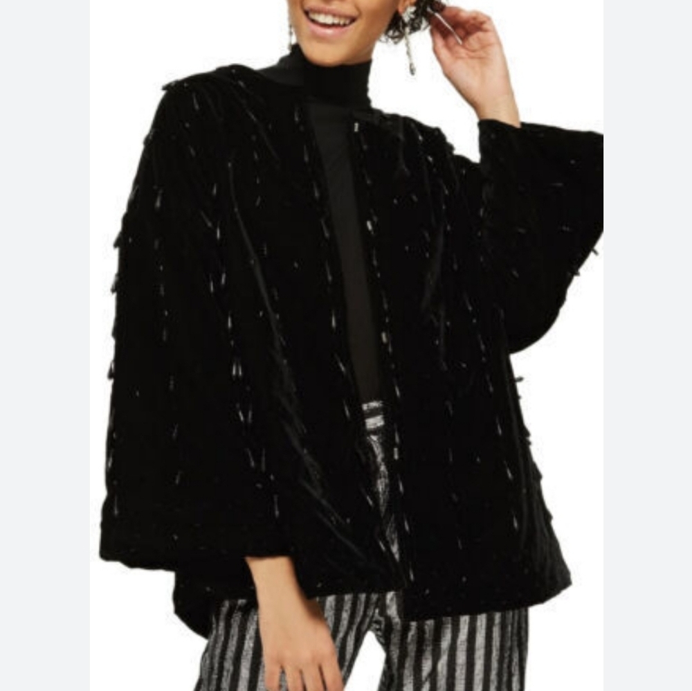 Topshop Velvet Beaded Padded Short Kimono Black {US size 10}